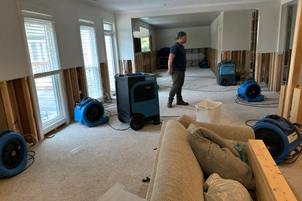 Air movers and LGR dehumidifiers running in the basement