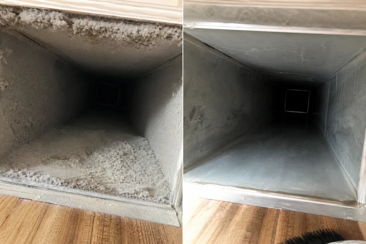 Before and after view of cleaned air duct interior