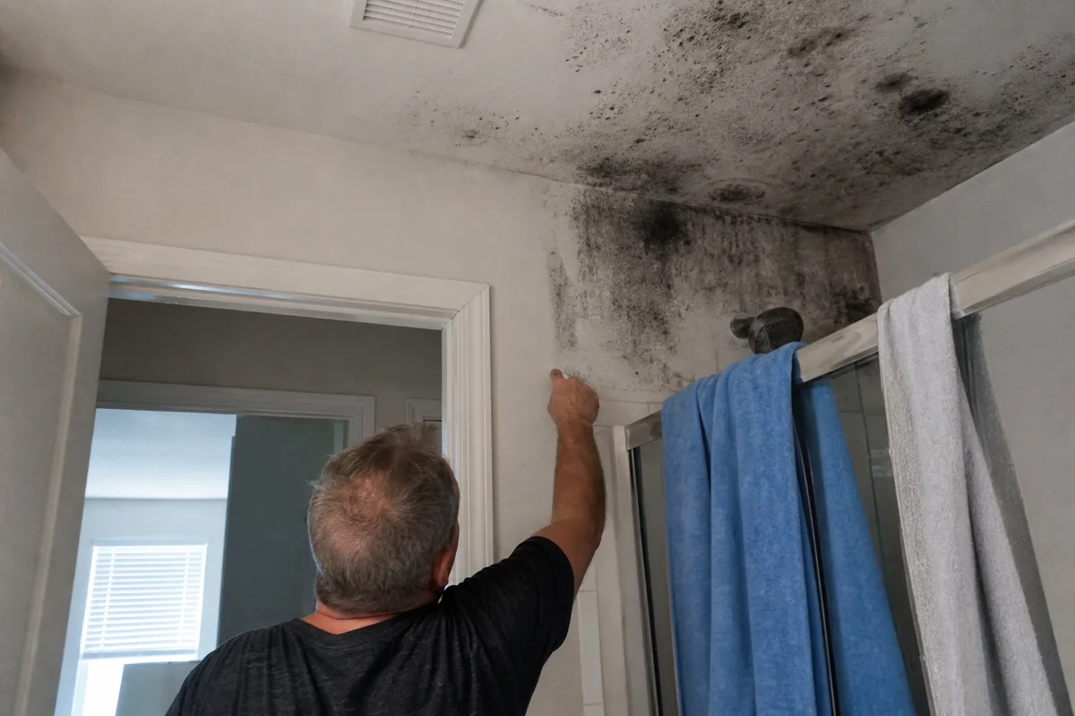 Black mold spreading across a bathroom wall