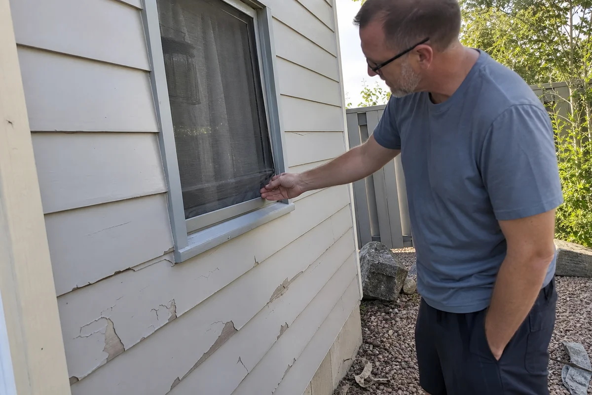 Homeowner inspecting cracked siding and damaged screen