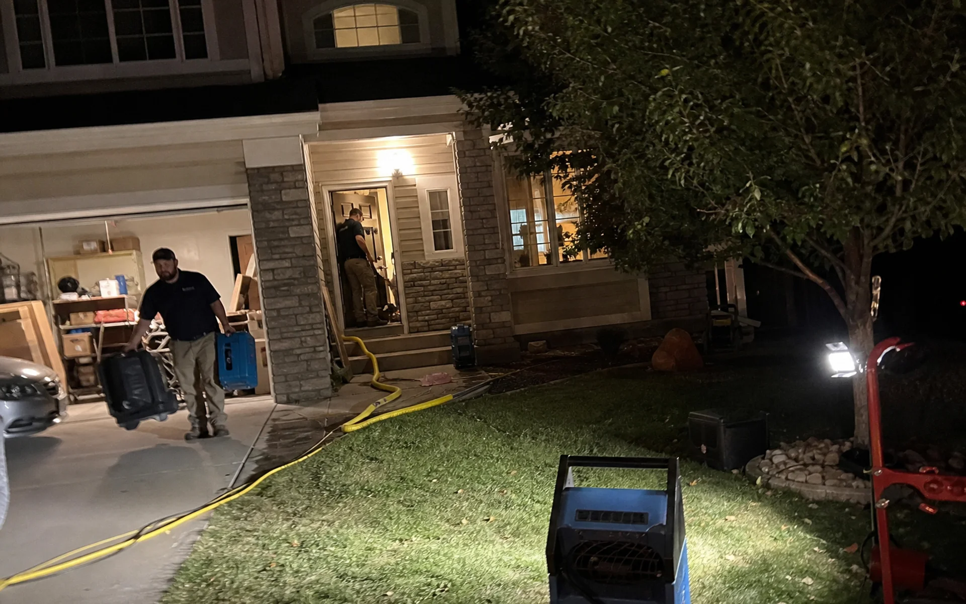 Restoration crew arriving in Lone Tree at night
