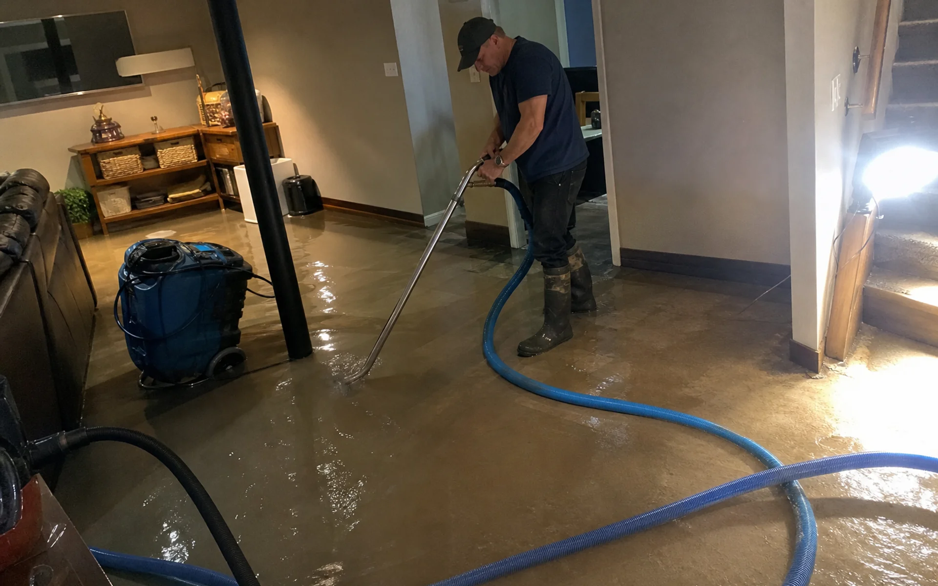 IICRC-certified technician extracting water from a flooded Castle Rock basement
