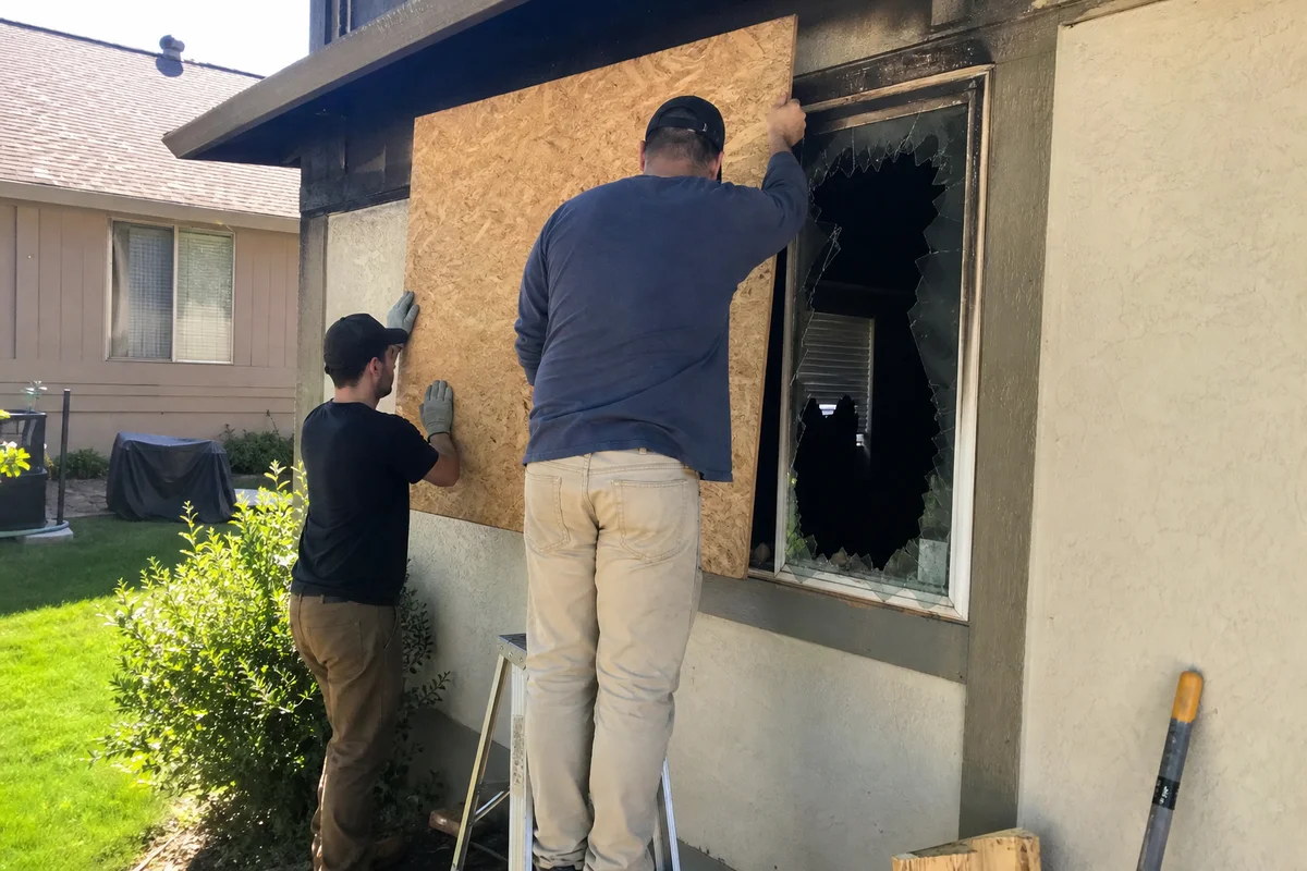 Crew installing emergency board-up after a fire