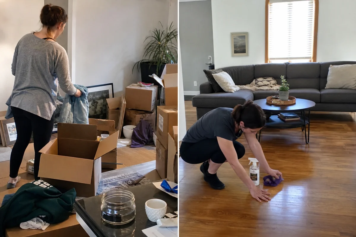 Split scene comparing pack-out vs in-place cleaning